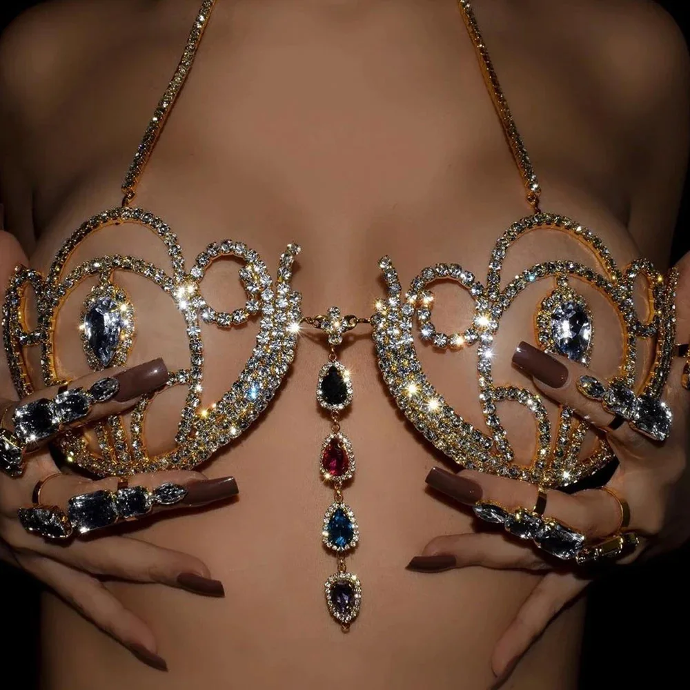 Body Jewelry Chest - 여성용 럭셔리 라인석 비키니 브라, 기하학적
