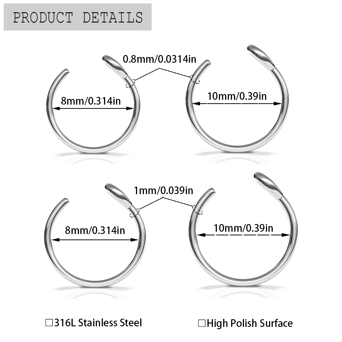 2개 스테인리스 스틸 개성있는 C형 무료 피어싱 코링  - Body Jewelry Metal Types 리뷰 및 가격