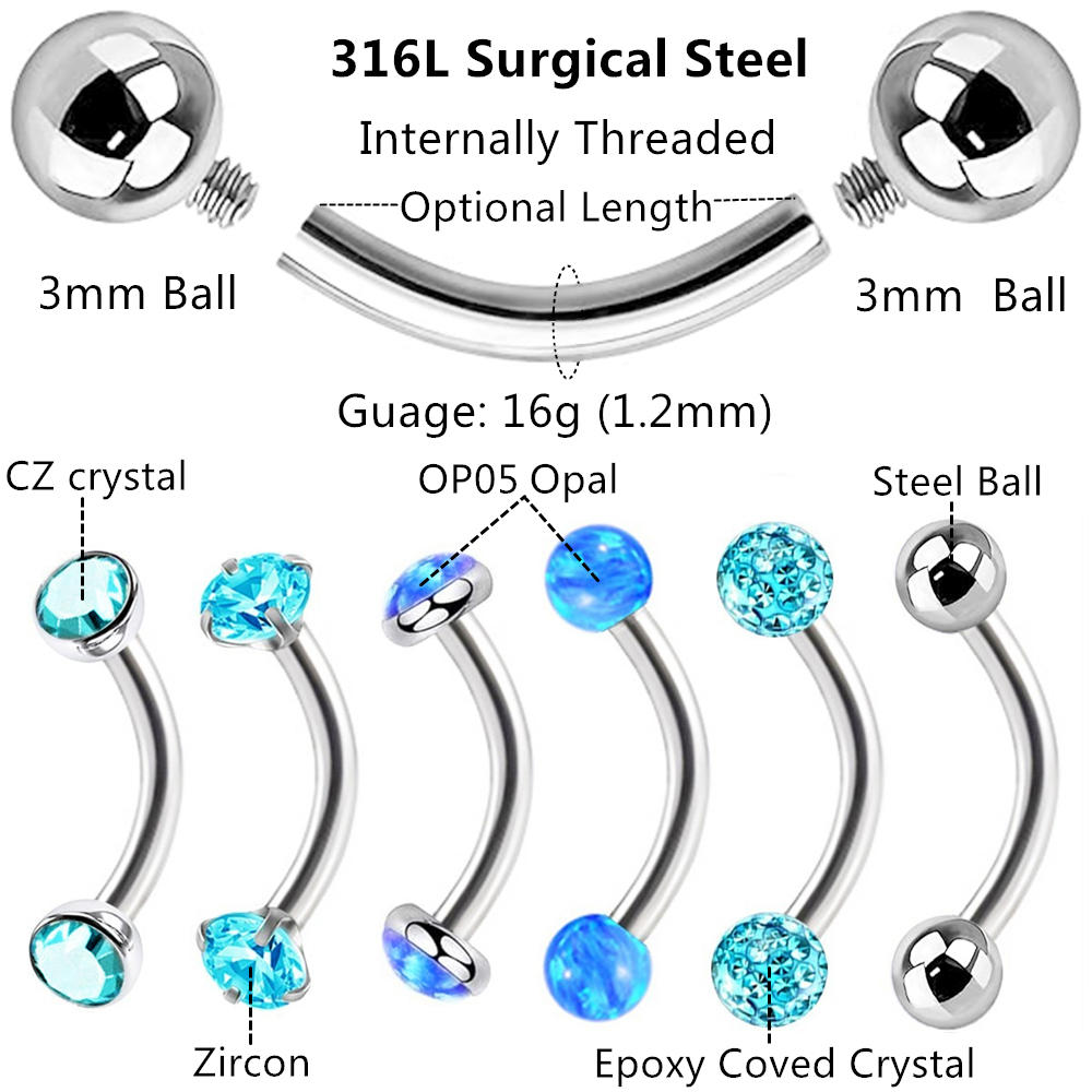 혼합 타입 오팔 크리스탈 아이브로우 링 스틸 바 커브  - Body Jewelry Metal Types 리뷰 및 가격